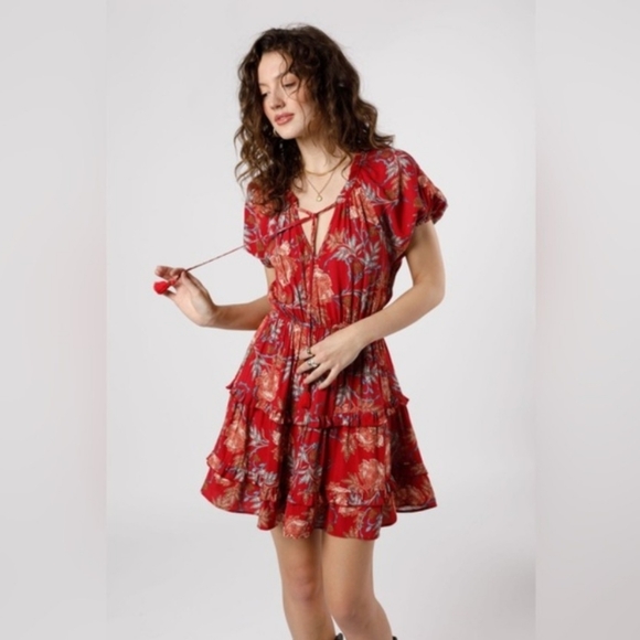 NWT Band Of The Free Connie Garnet Blush Boho Red Tiered Dress Tassels Sz. XS - Picture 2 of 12